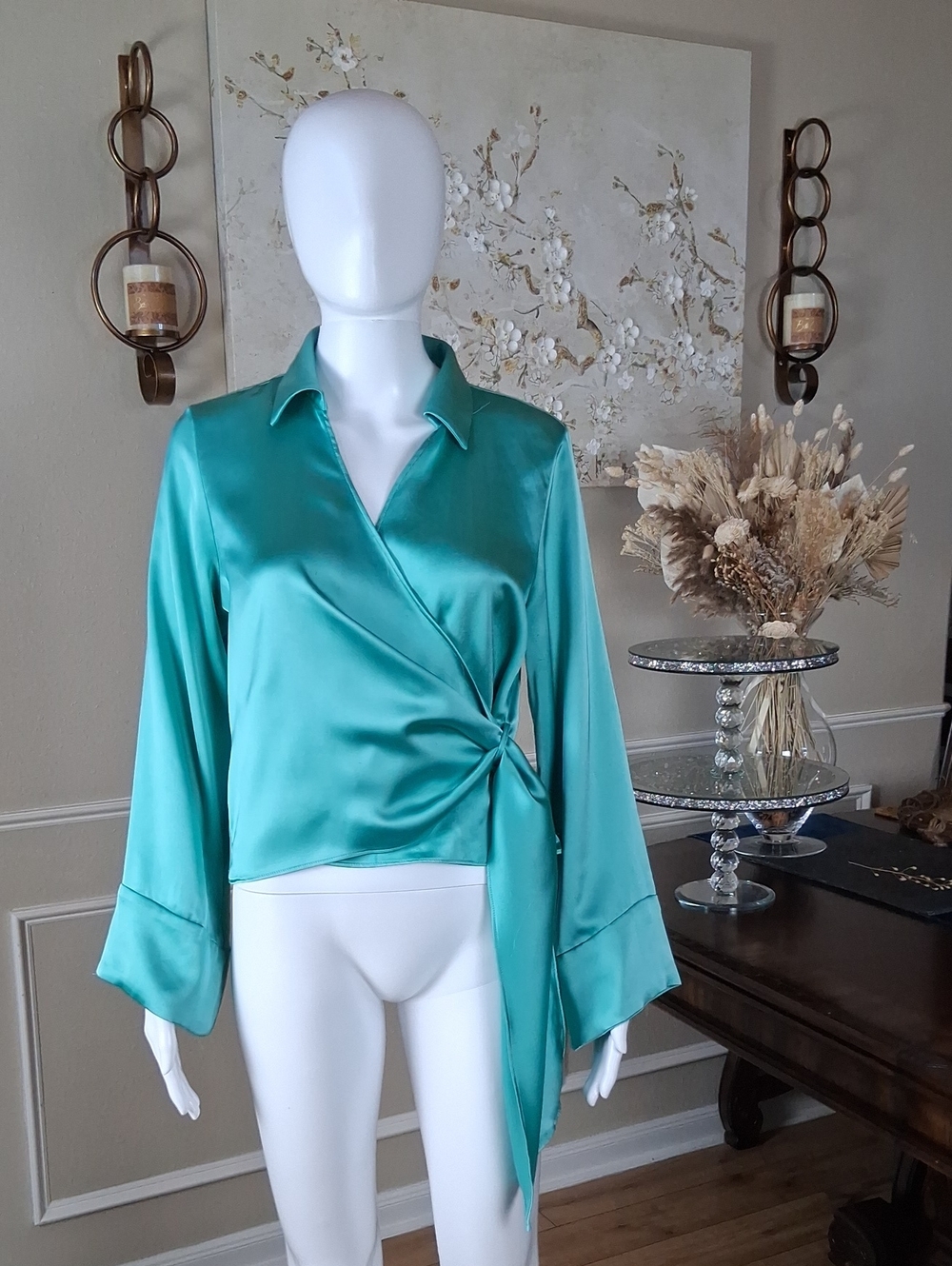 Zara Women's Teal Satin Glossy Fluid V Neck Wrap Long Sleeves Blouse Medium - Picture 9 of 16